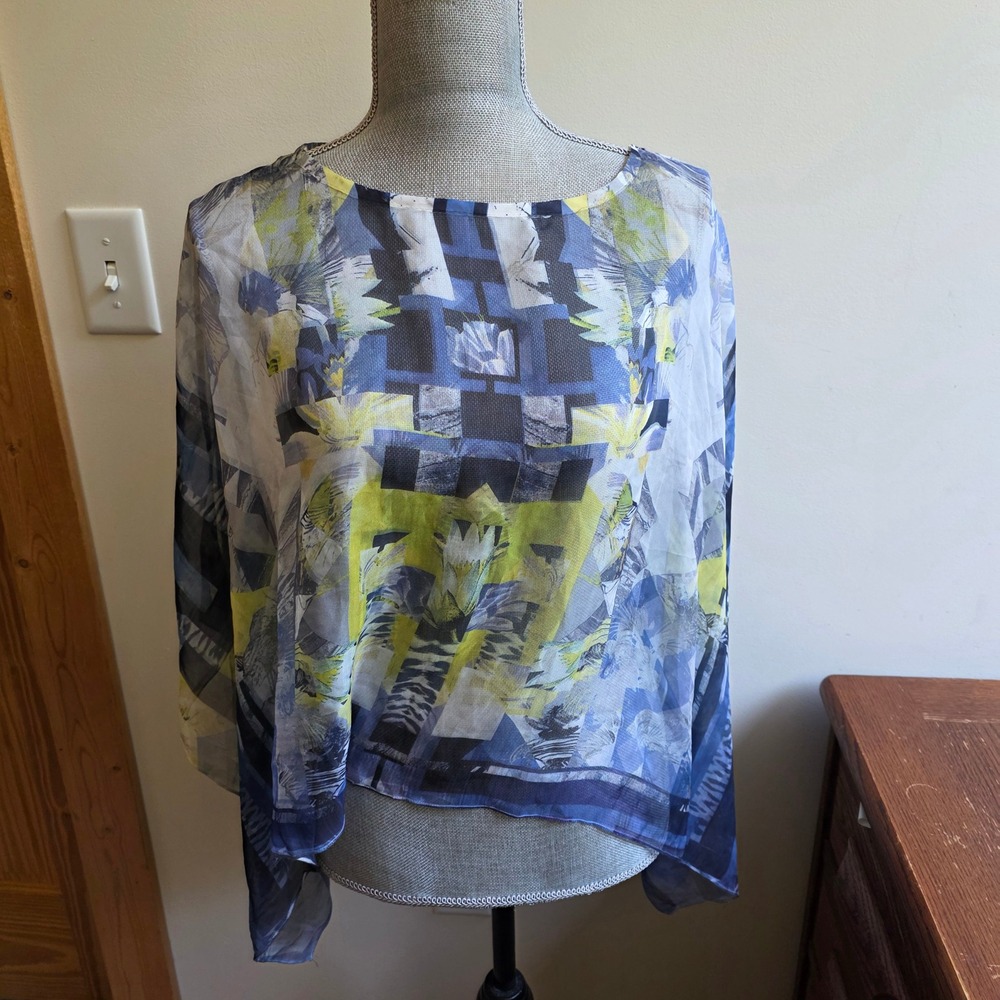 Style & Co Petite Blue Yellow Abstract Art to Wear Lagenlook Poncho Top PL
